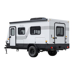 Naklejka premium Modern white travel trailer camper with dark gray trim and black roof rack isolated on transparent background for outdoor adventures and road trips