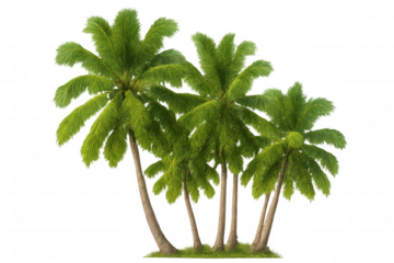 Five coconut palm trees are growing on a transparent background, creating a tropical and exotic atmosphere
