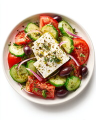 overhead of Greek salad with feta, cucumber, tomato, olives, oregano, on white background