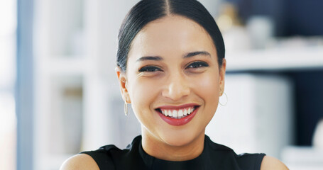 Portrait, employee and woman with smile, office or trainee with ambition for career growth or...