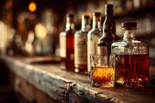 Alcohol bottles and cocktail glass evoke warm inviting vibes on rustic wooden bar background.