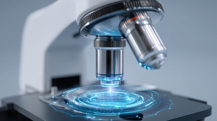 Microscope with glowing digital interface illustrating clinical trial ai technology enhancing medical research and laboratory analysis precision