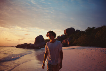 Young man walking along a serene beach during golden sunset with rocky coastline and soft waves