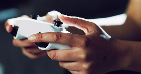 Hands, closeup and video game controller in home for esports challenge, click and strategy for next...