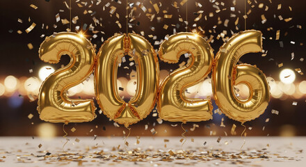 Golden 2026 balloon numbers are displayed with confetti falling against a blurred background, celebrating the upcoming year.