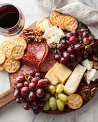 flat lay of charcuterie board with meats, cheeses, grapes, crackers, isolated on white background