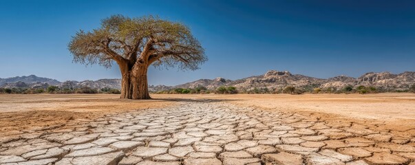 Fototapeta premium Baobab on dry sandy savannah in Africa concept. A solitary tree stands in a vast, arid landscape under blue skies.