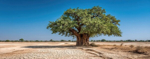 Obraz premium Baobab on dry sandy savannah in Africa concept. A solitary tree stands resilient in the vast, arid landscape.