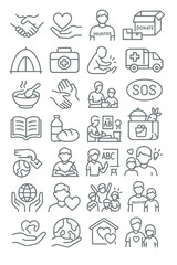 Set of thin line icons representing charity, volunteering, and humanitarian aid. Symbols for donation, community support, and social care