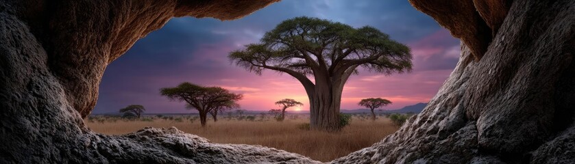 Obraz premium Baobab on dry sandy savannah in Africa concept. Breathtaking view of a baobab tree at sunset in a natural landscape.