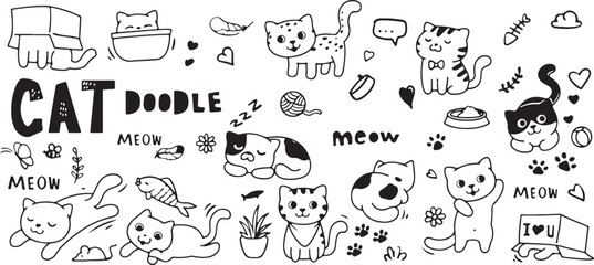 Cat Doodle Vector Set – Pet, Cute, Minimal, Flat, Outline, Black and White, Sketch, Creative, Icon, Symbol, Art, Design, Animal, Cartoon, Illustration, Modern, Domestic, Feline, Fun