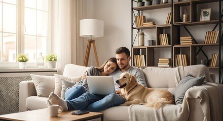 Fototapeta na wymiar Young couple relaxing at home on the couch with their Golden Retriever using a laptop computer enjoying quality time together in a comfortable living room setting