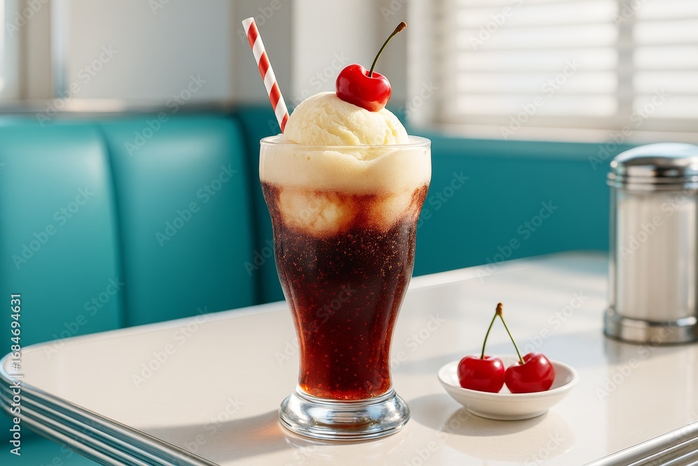 Poster classic root beer float with vanilla ice cream and cherry served in retro diner setting with teal bo