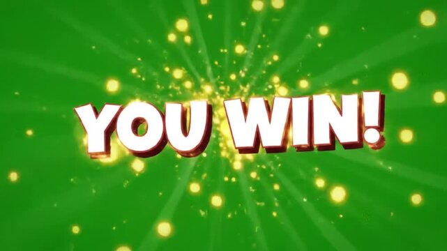 Explosive green background with bright yellow particles bursts as large white 3D letters declare YOU WIN! creating a celebratory and exciting visual for any winning moment or announcement.