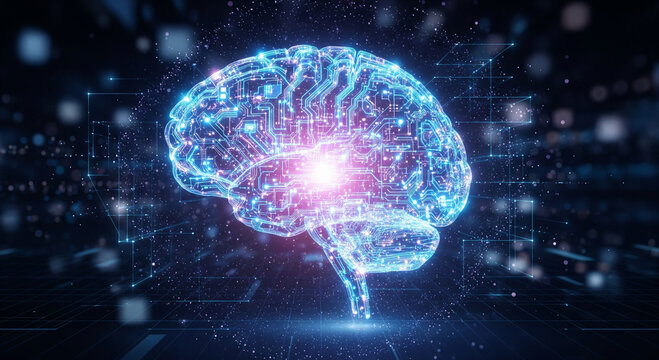 A digital representation of a human brain, illuminated with glowing lines and data points, showcasing neural connections and technological advancement.