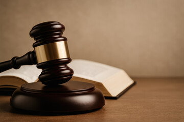 Gavel, law, and justice concept with wooden gavel resting on sound block in front of open book symbolizing authority, fairness, and legal decision in courtroom setting