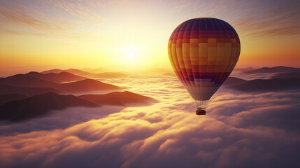 Obraz premium Fantastic Frontiers: Hot Air Balloon Drifting Over Autumn Sea of Mist, Immersive Appeal Landscape, Surreal Sunrise View