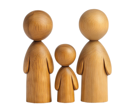 Three wooden family figurines representing parents and child, isolated on transparent cutout background - Powered by Adobe