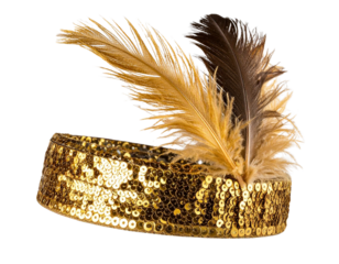 Gold Sequin Flapper Headband with Side Feather Accent, Angled Perspective, Isolated