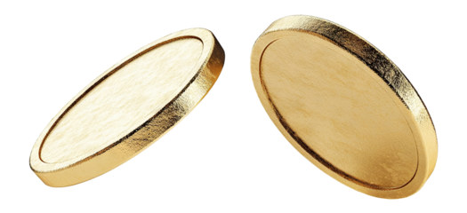 Two shiny gold coins, isolated on transparent cutout background