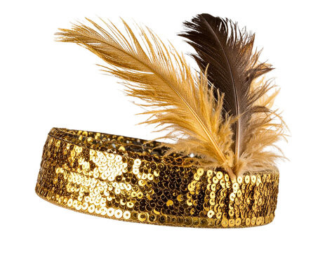 Gold Sequin Flapper Headband with Side Feather Accent, Angled Perspective, Isolated