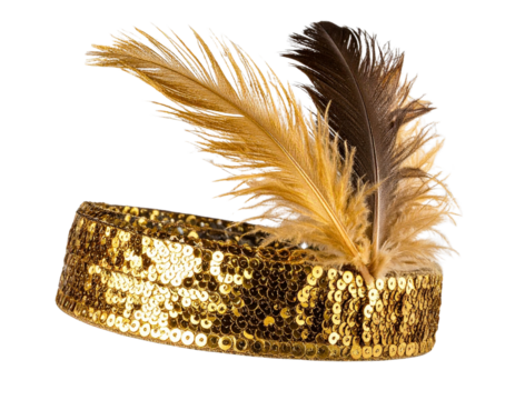 Gold Sequin Flapper Headband with Side Feather Accent, Angled Perspective, Isolated