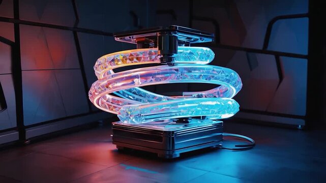 A glowing, spiral light sculpture on a sleek, metallic base - Powered by Adobe