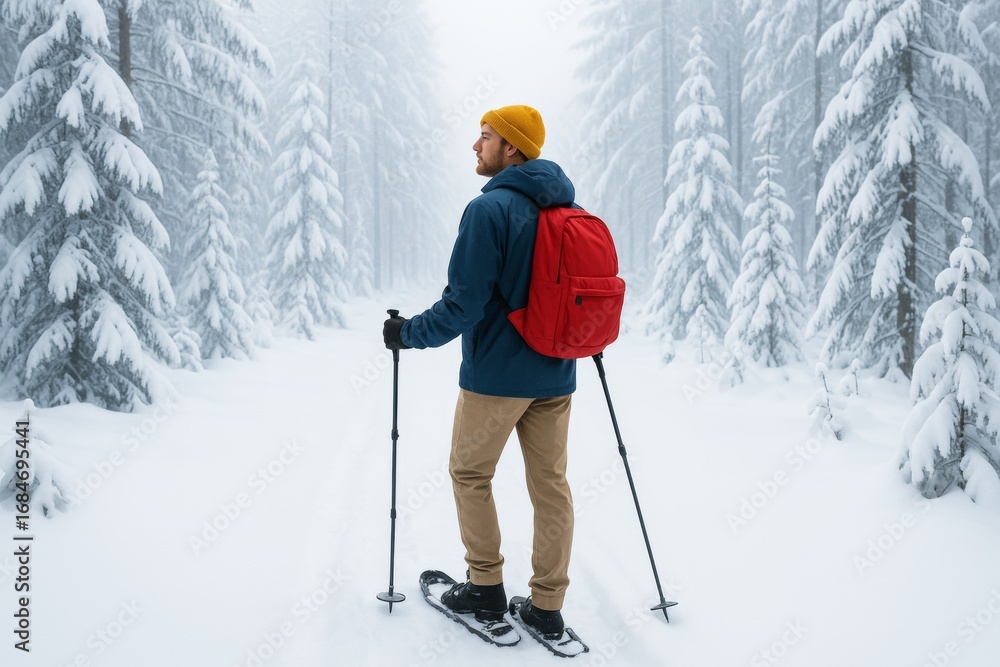 Aufkleber man snowshoeing through snowy forest with red backpack and trekking poles on misty winter trail in s