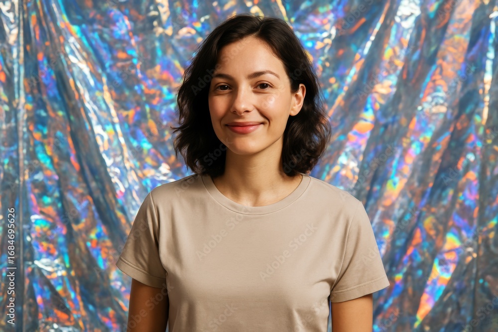 Poster woman smiling confidently in beige t-shirt standing in front of colorful holographic abstract light 