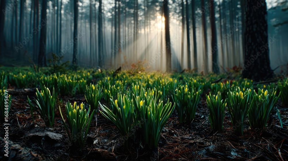 Aufkleber resilience unearthed through cycle of climate change concept. sunlight filters through trees illumin