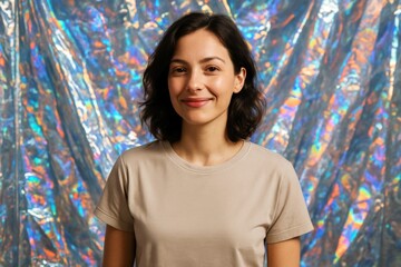 Fototapeta premium Woman smiling confidently in beige t-shirt standing in front of colorful holographic abstract light background with creative expression style. Ai generative