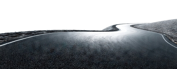 Curved asphalt road winding through hilly landscape, isolated on transparent cutout background