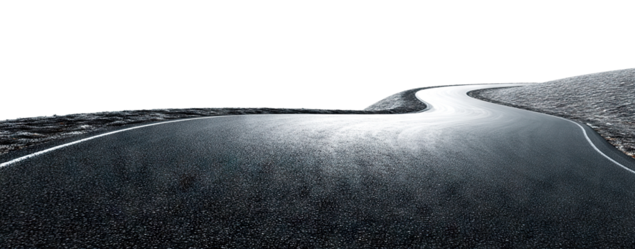Curved asphalt road winding through hilly landscape, isolated on transparent cutout background