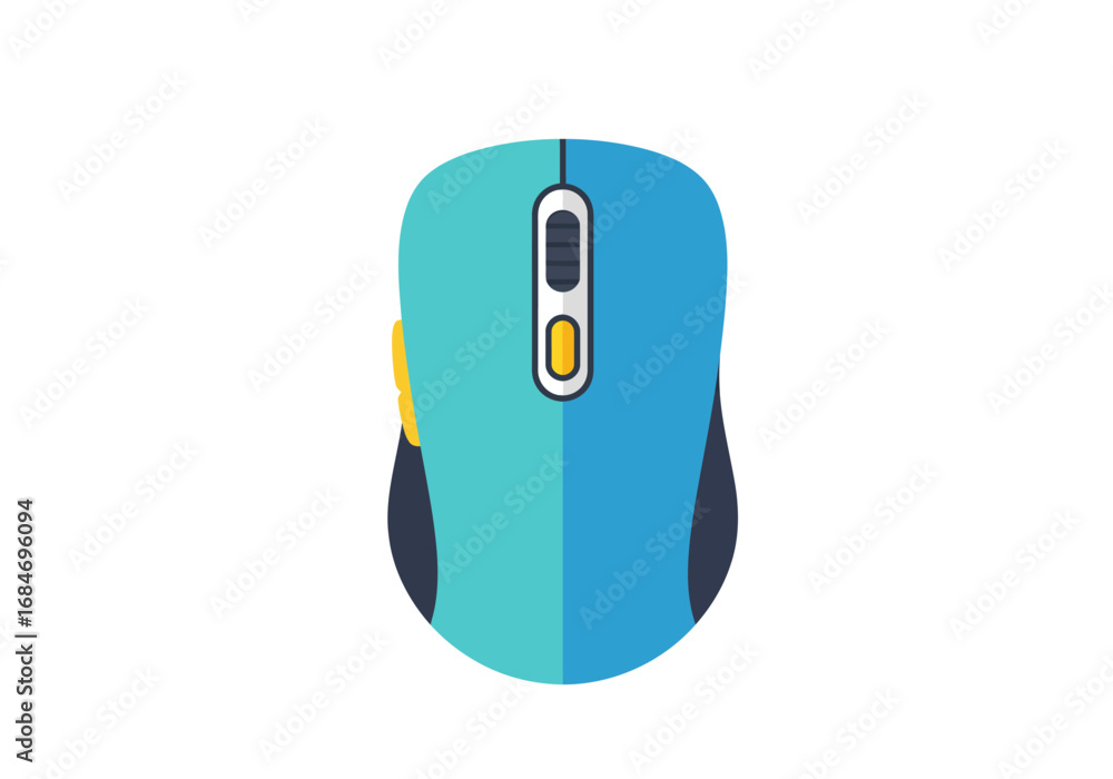 Poster a blue and teal computer mouse features a scroll wheel and side buttons