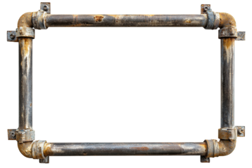 Rectangular industrial frame made of rusty metal pipes, isolated on transparent cutout background