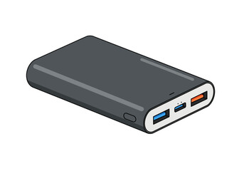 A black power bank with blue  orange USB ports button and indicator lights