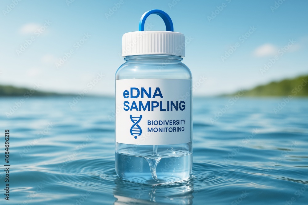 Poster transparent edna sampling bottle floating on a calm lake under bright daylight for biodiversity moni