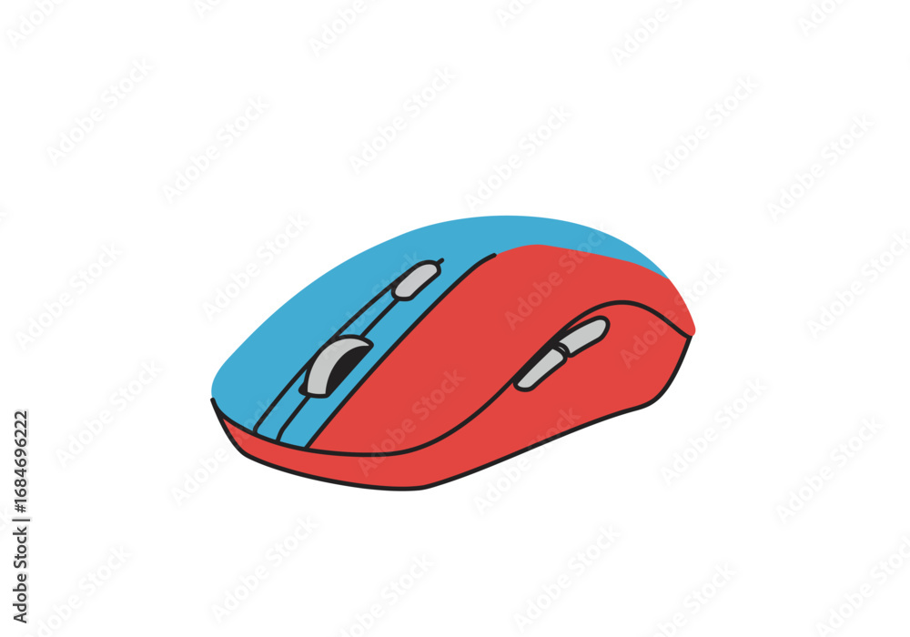 Poster a cartoonstyled computer mouse with blue and red sections along with grey buttons is shown on a whit