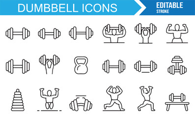 Collection of editable stroke dumbbell icons with gym barbell, kettlebell, curl, and bench press