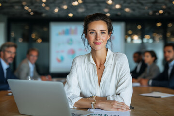 Fototapeta premium Confident businesswoman leading a team meeting in a modern office with charts and laptop