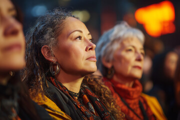 Obraz premium Portrait of diverse women looking with hope and determination in warm lighting during an outdoor gathering