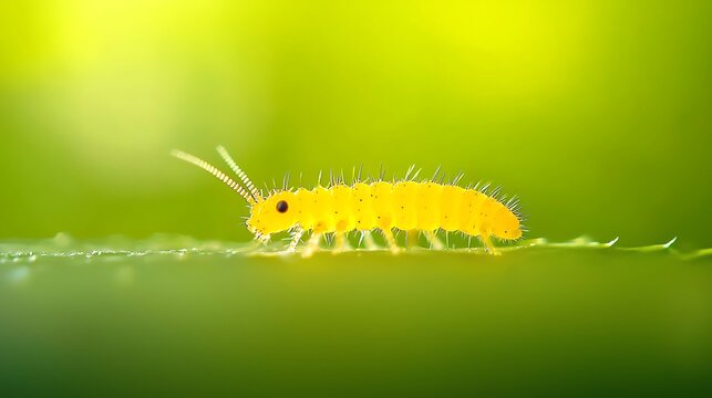 Tiny yellow springtail insect crawling on a green leaf in sunlight