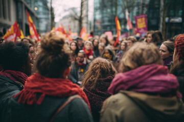 Crowd of diverse people gathered in a city street holding colorful flags and banners during a peaceful protest or demonstration