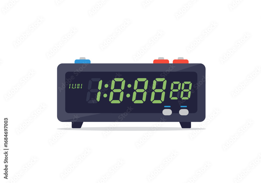 Poster an electric digital alarm clock displaying the time 10828 with blue and red buttons and legs