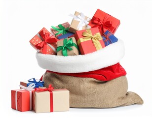 A two-tone sack with red and beige fabric, brimming with colorful Christmas presents