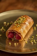 Strawberry Baklava Rolls with Pistachio Garnish and Brass Plate
