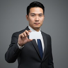 静謐な眼差しと名刺、ビジネスマンのポートレート