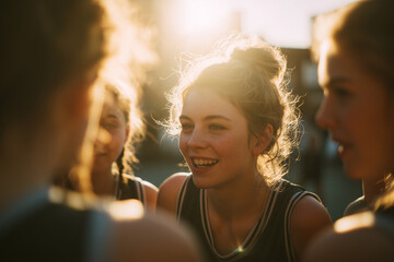 Smiling young female athletes enjoying a sunny moment together during outdoor sports practice