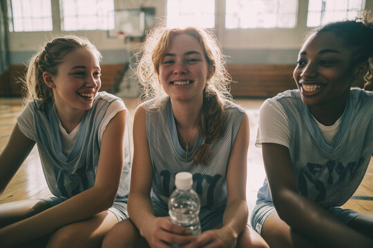 Happy female basketball players sitting on gym floor sharing a light moment and resting after a game