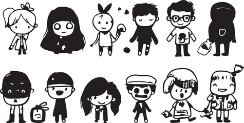 Cartoon Characters Vector Illustration &ndash; People, Silhouette, Black, Minimal, Flat, Outline, Doodle, Funny, Cute, Creative, Kids, Art, Modern, Icon, Symbol, Design, Illustration, Sketch